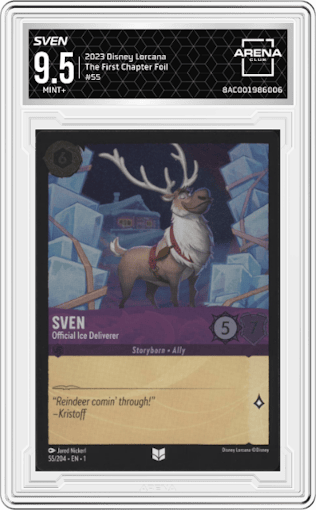 Sven from the 2023 Disney Lorcana set featuring a Foil parallel graded by Arena Club and given an overall grade of 9.5.