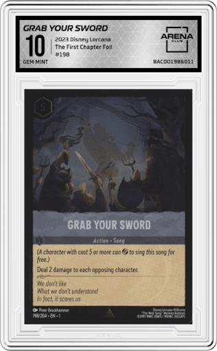 Grab Your Sword from the 2023 Disney Lorcana set featuring a Foil parallel graded by Arena Club and given an overall grade of 10.