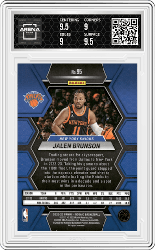 Jalen Brunson from the 2022-23 Panini Mosaic set graded by Arena Club and given an overall grade of 9.5.
