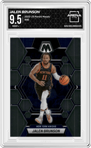 Jalen Brunson from the 2022-23 Panini Mosaic set graded by Arena Club and given an overall grade of 9.5.