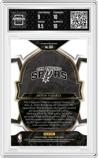 Devin Vassell from the 2022-23 Panini Select set featuring a Blue Retail parallel graded by Arena Club and given an overall grade of 9.5.