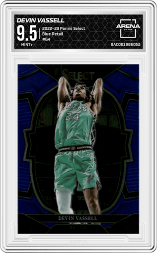 Devin Vassell from the 2022-23 Panini Select set featuring a Blue Retail parallel graded by Arena Club and given an overall grade of 9.5.