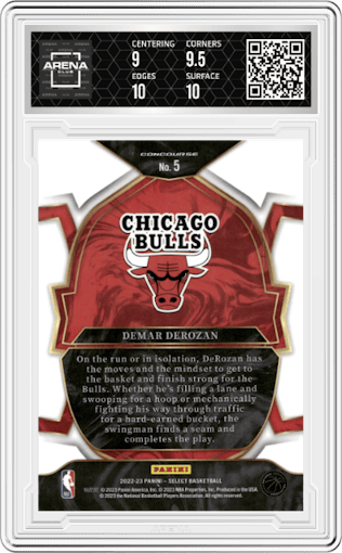 Demar DeRozan from the 2022-23 Panini Select set featuring a Blue Retail parallel graded by Arena Club and given an overall grade of 9.5.