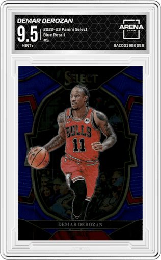 Demar DeRozan from the 2022-23 Panini Select set featuring a Blue Retail parallel graded by Arena Club and given an overall grade of 9.5.