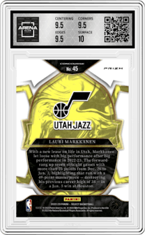 Lauri Markkanen from the 2022-23 Panini Select set featuring a Red Cracked Ice parallel graded by Arena Club and given an overall grade of 10.