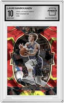 Lauri Markkanen from the 2022-23 Panini Select set featuring a Red Cracked Ice parallel graded by Arena Club and given an overall grade of 10.