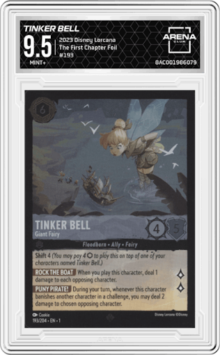 Tinker Bell from the 2023 Disney Lorcana set featuring a Foil parallel graded by Arena Club and given an overall grade of 9.5.