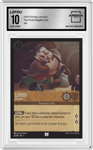 Lefou from the 2023 Disney Lorcana set featuring a Foil parallel graded by Arena Club and given an overall grade of 10.
