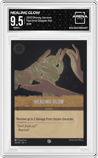 Healing Glow from the 2023 Disney Lorcana set featuring a Foil parallel graded by Arena Club and given an overall grade of 9.5.