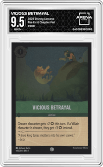 Vicious Betrayal from the 2023 Disney Lorcana set featuring a Foil parallel graded by Arena Club and given an overall grade of 9.5.