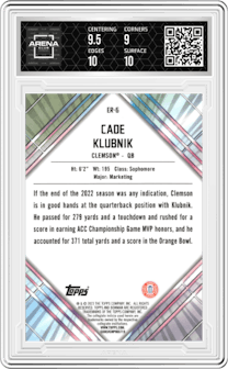 Cade Klubnik from the 2023 Bowman Chrome University set graded by Arena Club and given an overall grade of 9.5.