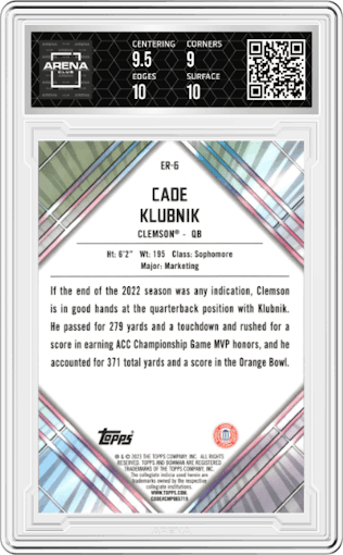 Cade Klubnik from the 2023 Bowman Chrome University set graded by Arena Club and given an overall grade of 9.5.