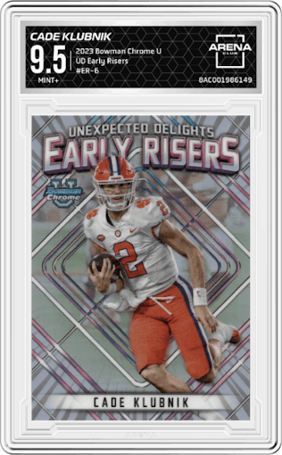 Cade Klubnik from the 2023 Bowman Chrome University set graded by Arena Club and given an overall grade of 9.5.