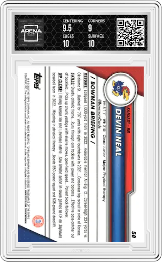 Devin Neal from the 2023 Bowman Chrome University set graded by Arena Club and given an overall grade of 9.5.