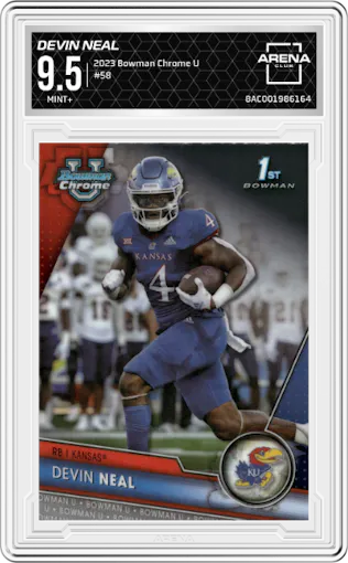 Devin Neal from the 2023 Bowman Chrome University set graded by Arena Club and given an overall grade of 9.5.
