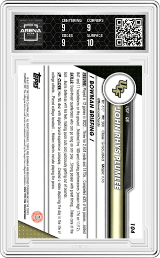John Rhys Plumlee from the 2023 Bowman Chrome University set graded by Arena Club and given an overall grade of 9.5.