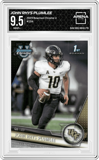 John Rhys Plumlee from the 2023 Bowman Chrome University set graded by Arena Club and given an overall grade of 9.5.