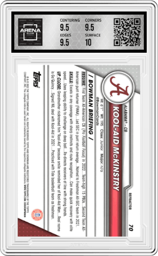 Kool-Aid McKinstry from the 2023 Bowman Chrome University set graded by Arena Club and given an overall grade of 10.