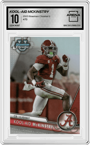 Kool-Aid McKinstry from the 2023 Bowman Chrome University set graded by Arena Club and given an overall grade of 10.