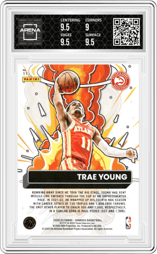 Trae Young from the 2022-23 Panini Donruss set graded by Arena Club and given an overall grade of 9.5.