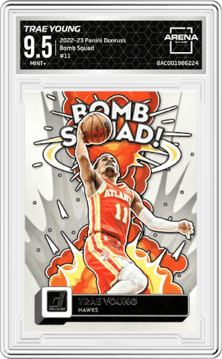Trae Young from the 2022-23 Panini Donruss set graded by Arena Club and given an overall grade of 9.5.