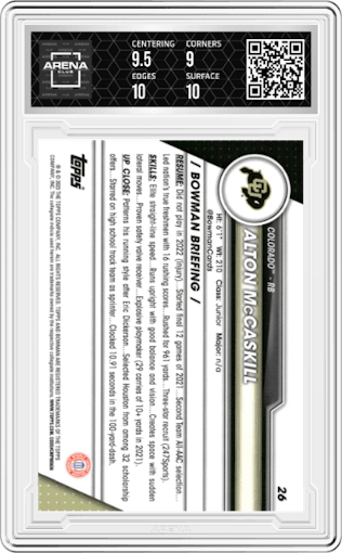 Alton McCaskill from the 2023 Bowman Chrome University set graded by Arena Club and given an overall grade of 9.5.