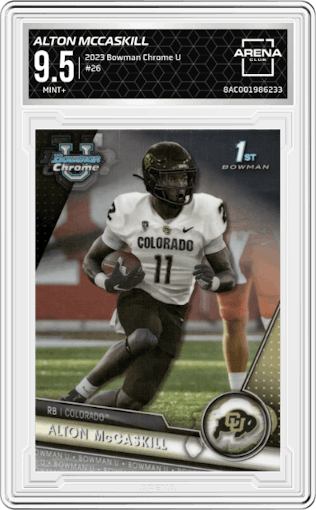 Alton McCaskill from the 2023 Bowman Chrome University set graded by Arena Club and given an overall grade of 9.5.