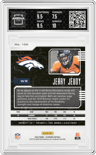 Jerry Jeudy from the 2020 Panini Playbook set graded by Arena Club and given an overall grade of 8.