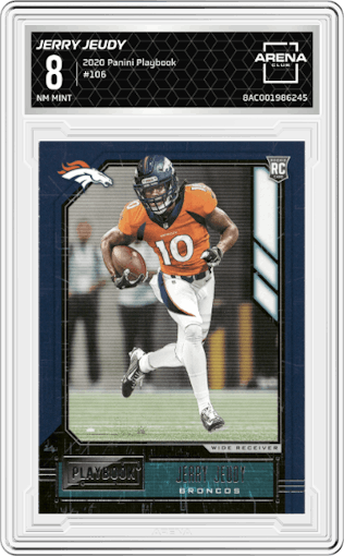 Jerry Jeudy from the 2020 Panini Playbook set graded by Arena Club and given an overall grade of 8.