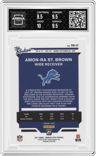Amon-Ra St. Brown from the 2021 Panini Donruss Optic set graded by Arena Club and given an overall grade of 9.