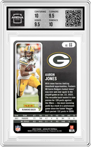 Aaron Jones from the 2022 Panini Absolute set graded by Arena Club and given an overall grade of 10.