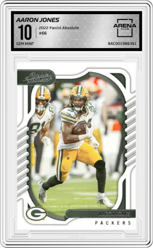 Aaron Jones from the 2022 Panini Absolute set graded by Arena Club and given an overall grade of 10.