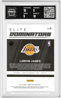  LeBron James from the 2021-22 Panini Donruss Optic set graded by Arena Club and given an overall grade of 9.5.