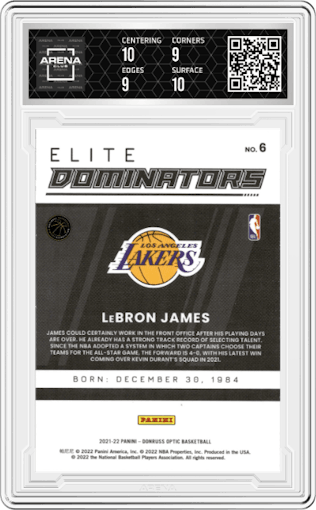  LeBron James from the 2021-22 Panini Donruss Optic set graded by Arena Club and given an overall grade of 9.5.