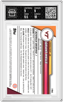 Grant Wells from the 2023 Bowman Chrome University set graded by Arena Club and given an overall grade of 9.5.