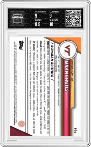 Grant Wells from the 2023 Bowman Chrome University set graded by Arena Club and given an overall grade of 9.5.