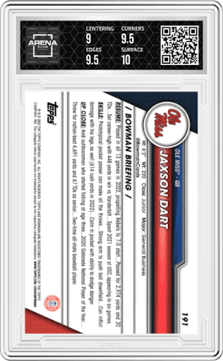Jaxson Dart from the 2023 Bowman Chrome University set graded by Arena Club and given an overall grade of 9.5.