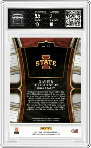 Xavier Hutchinson  from the 2023 Panini Select Draft Picks set featuring a Blue Retail parallel graded by Arena Club and given an overall grade of 9.5.