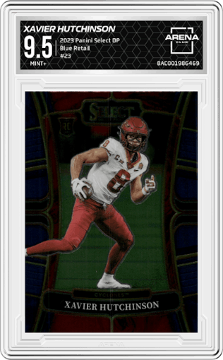 Xavier Hutchinson  from the 2023 Panini Select Draft Picks set featuring a Blue Retail parallel graded by Arena Club and given an overall grade of 9.5.