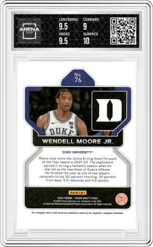 Wendell Moore Jr. from the 2022-23 Panini Prizm Draft Picks set graded by Arena Club and given an overall grade of 9.5.