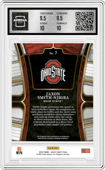 Jaxon Smith-Njigba from the 2023 Panini Select Draft Picks set featuring a Blue Retail parallel graded by Arena Club and given an overall grade of 10.