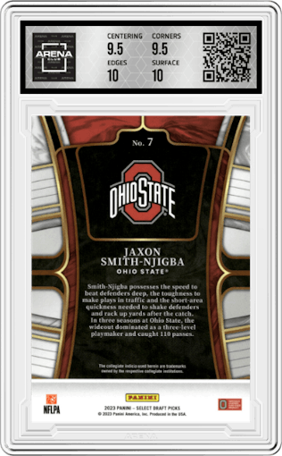 Jaxon Smith-Njigba from the 2023 Panini Select Draft Picks set featuring a Blue Retail parallel graded by Arena Club and given an overall grade of 10.