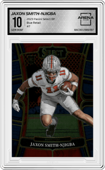 Jaxon Smith-Njigba from the 2023 Panini Select Draft Picks set featuring a Blue Retail parallel graded by Arena Club and given an overall grade of 10.