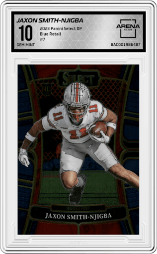 Jaxon Smith-Njigba from the 2023 Panini Select Draft Picks set featuring a Blue Retail parallel graded by Arena Club and given an overall grade of 10.