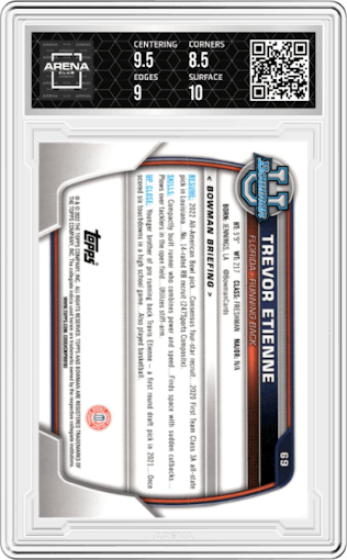 Trevor Etienne from the 2022 Bowman University Chrome set graded by Arena Club and given an overall grade of 9.