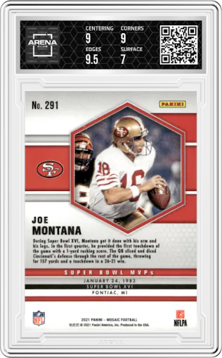 Joe Montana from the 2021 Panini Mosaic set graded by Arena Club and given an overall grade of 7.5.