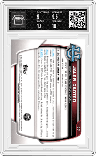 Jalen Carter from the 2022 Bowman University Chrome set graded by Arena Club and given an overall grade of 9.5.