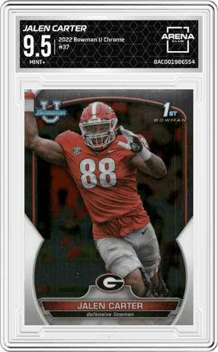 Jalen Carter from the 2022 Bowman University Chrome set graded by Arena Club and given an overall grade of 9.5.