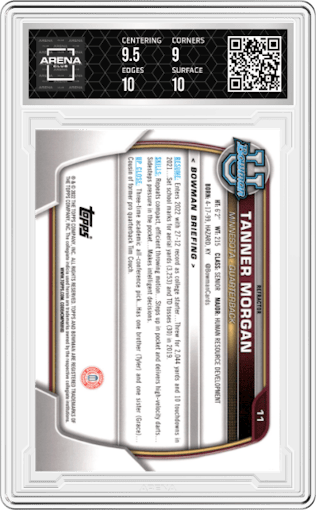 Tanner Morgan from the 2022 Bowman University Chrome set featuring a Refractor parallel graded by Arena Club and given an overall grade of 9.5.