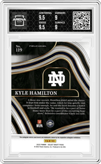 Kyle Hamilton from the 2022 Panini Select Draft Picks set graded by Arena Club and given an overall grade of 9.5.
